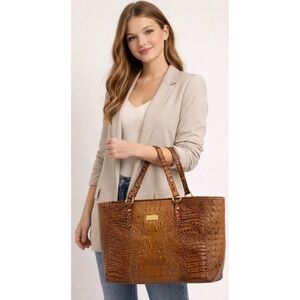 Brahmin MedAsher Tote Pecan Melbourne Croc Embossed Leather Bag old money class